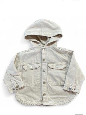 Zara Kids Hooded Denim Jacket Beige Utility Button Up Coat 9-12 Months